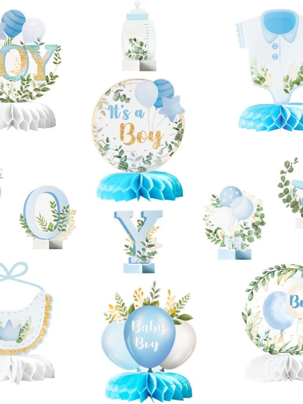 12Pcs Boy Baby Shower Honeycomb Centerpieces, Double-Sided Print